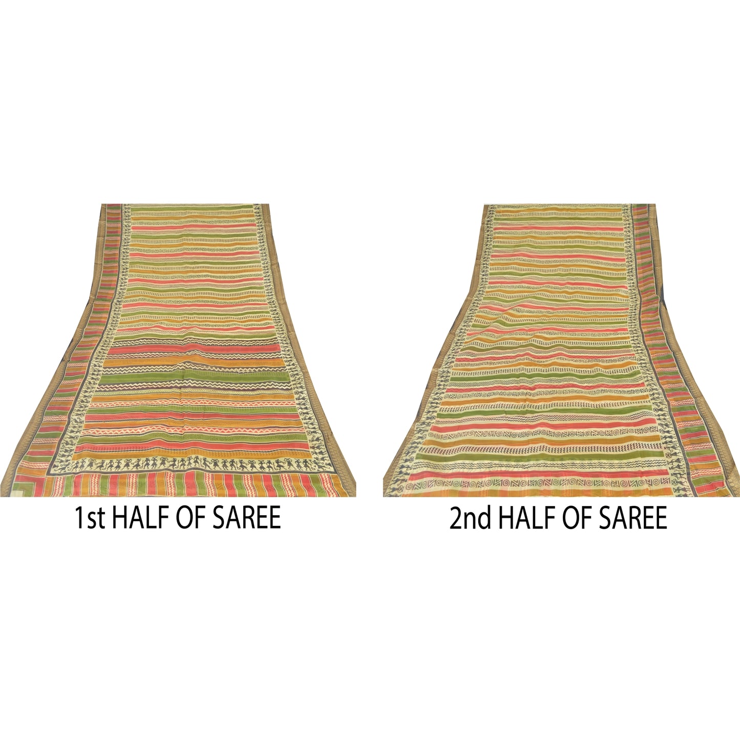 Sanskriti Vintage Sarees Multi Warli Art Pure Silk Printed Sari 5yd Craft Sustainable Fabric