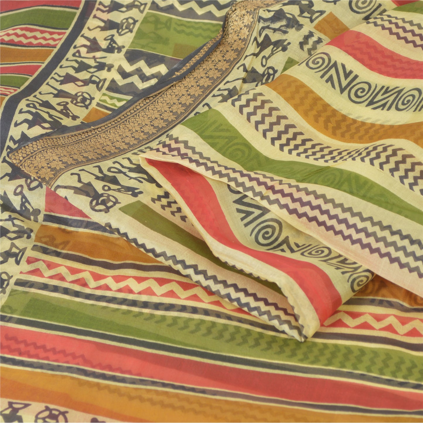 Sanskriti Vintage Sarees Multi Warli Art Pure Silk Printed Sari 5yd Craft Sustainable Fabric