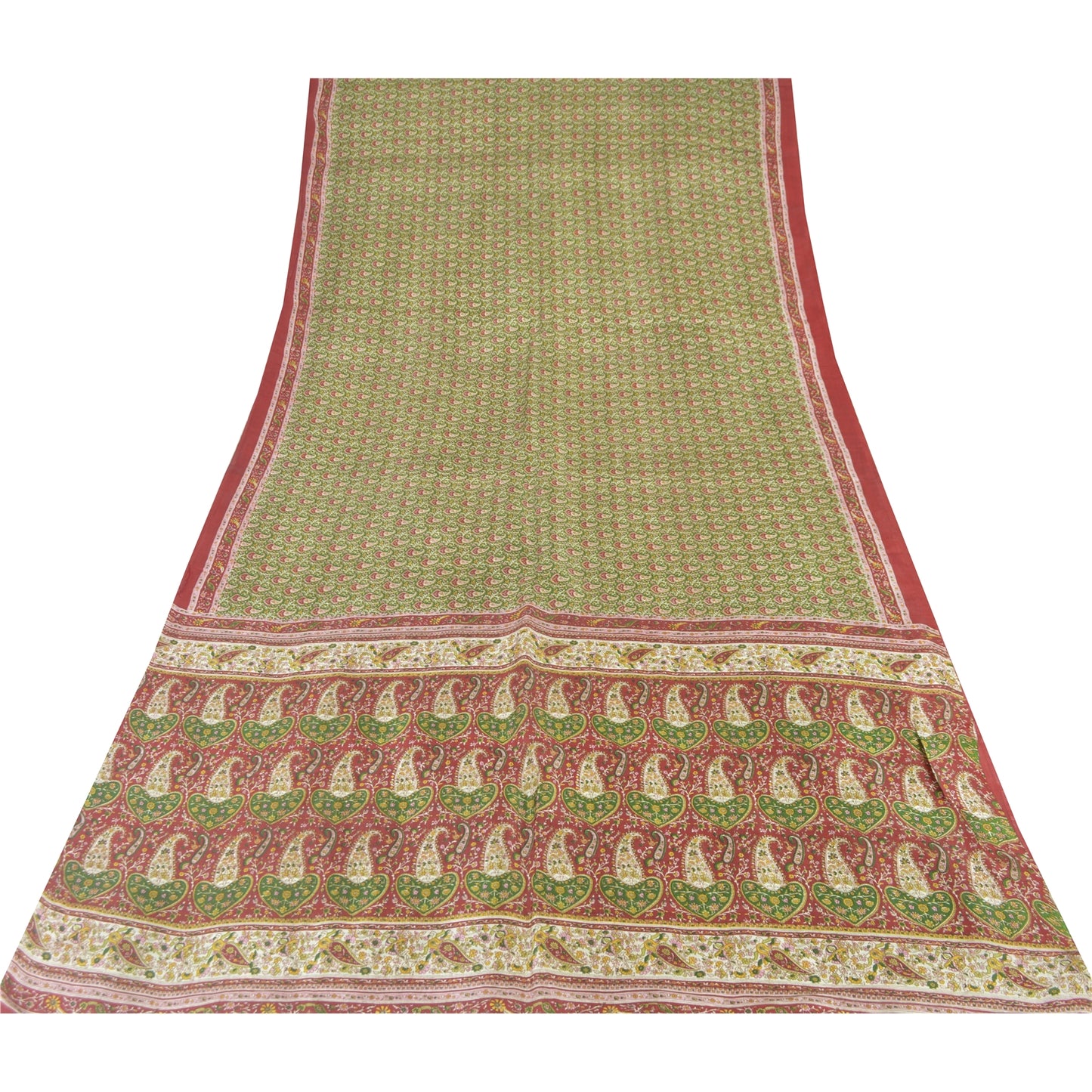 Sanskriti Vintage Sarees Green/Red Indian Pure Silk Print Sari 5yd Craft Sustainable Fabric