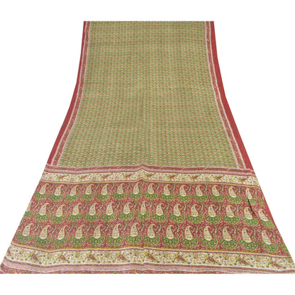 Sanskriti Vintage Sarees Green/Red Indian Pure Silk Print Sari 5yd Craft Sustainable Fabric