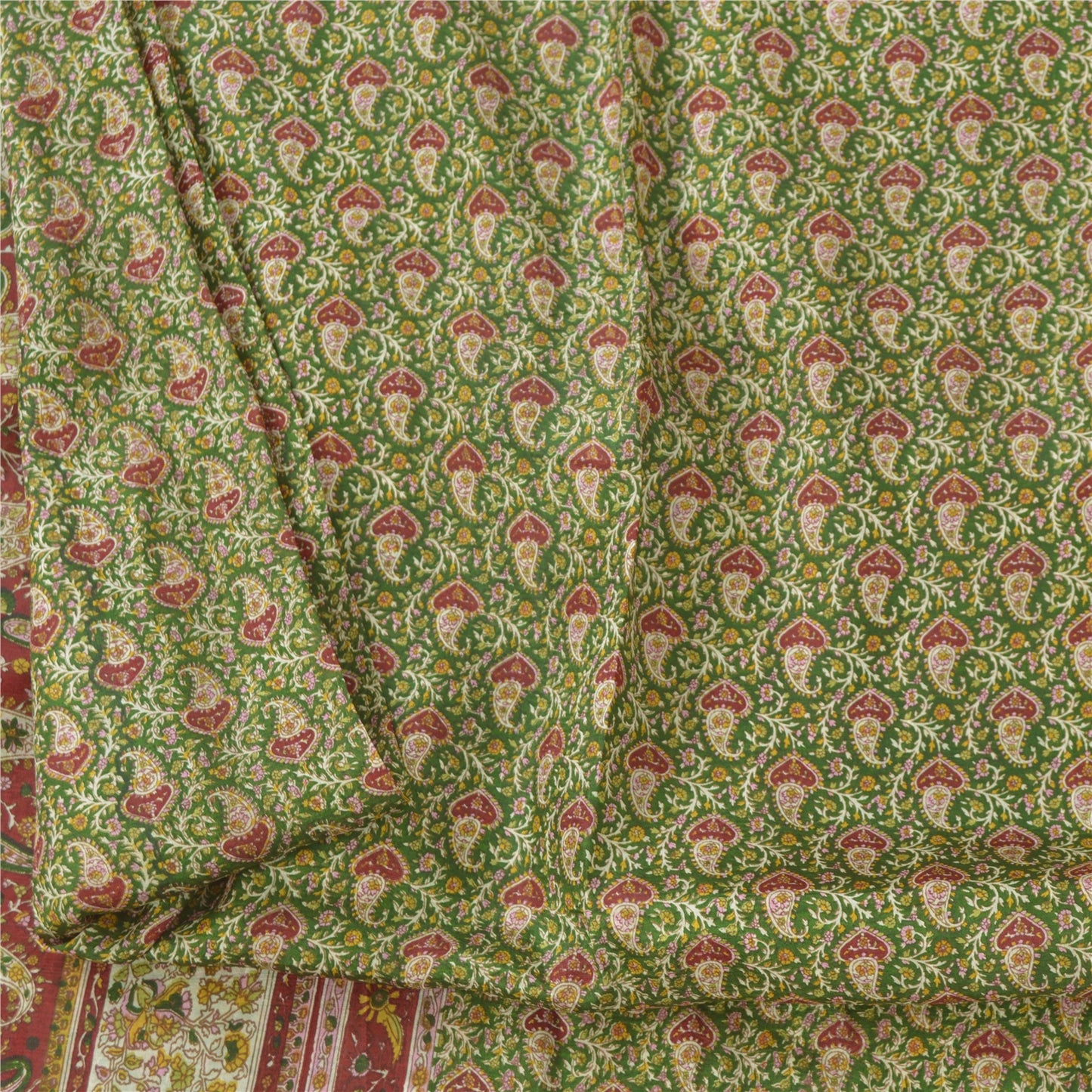 Sanskriti Vintage Sarees Green/Red Indian Pure Silk Print Sari 5yd Craft Sustainable Fabric