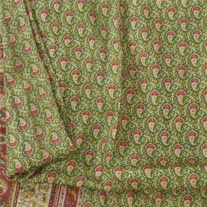 Sanskriti Vintage Sarees Green/Red Indian Pure Silk Print Sari 5yd Craft Sustainable Fabric