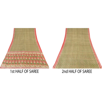 Sanskriti Vintage Sarees Green/Red Indian Pure Silk Print Sari 5yd Craft Sustainable Fabric