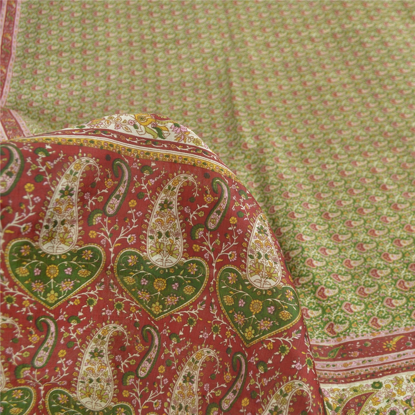 Sanskriti Vintage Sarees Green/Red Indian Pure Silk Print Sari 5yd Craft Sustainable Fabric