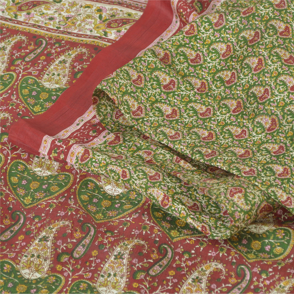 Sanskriti Vintage Sarees Green/Red Indian Pure Silk Print Sari 5yd Craft Sustainable Fabric
