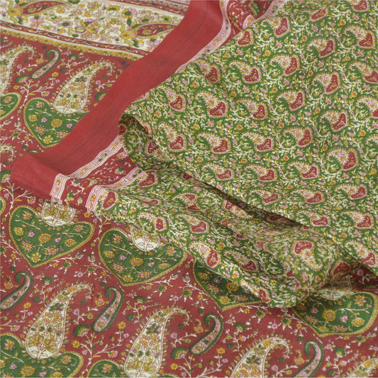 Sanskriti Vintage Sarees Green/Red Indian Pure Silk Print Sari 5yd Craft Sustainable Fabric