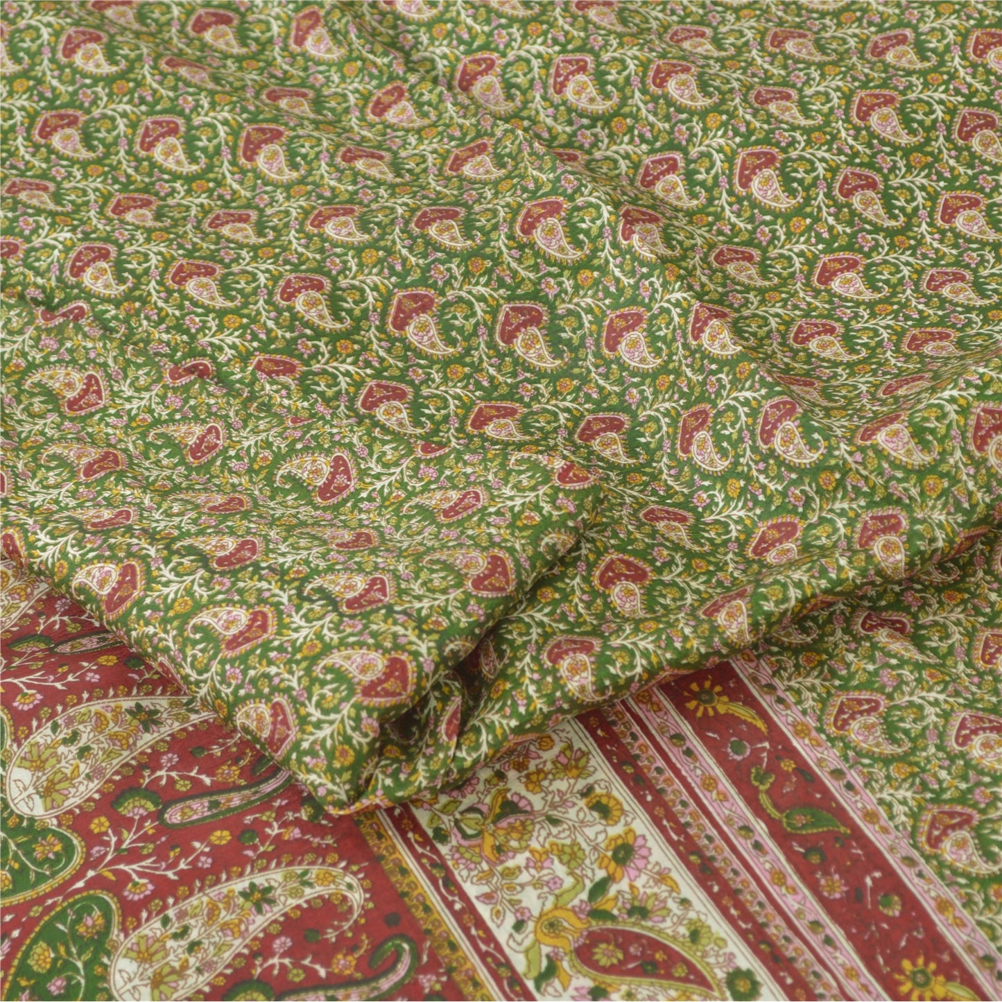 Sanskriti Vintage Sarees Green/Red Indian Pure Silk Print Sari 5yd Craft Sustainable Fabric