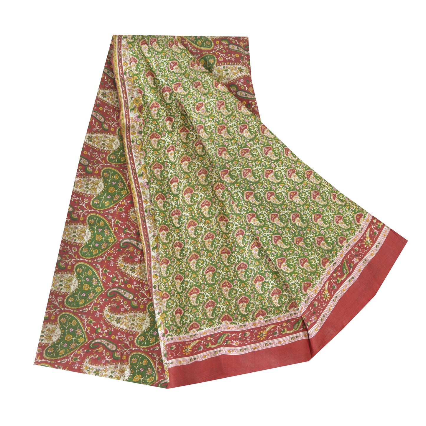 Sanskriti Vintage Sarees Green/Red Indian Pure Silk Print Sari 5yd Craft Sustainable Fabric