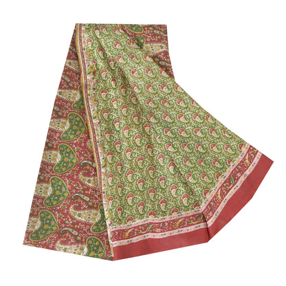 Sanskriti Vintage Sarees Green/Red Indian Pure Silk Print Sari 5yd Craft Sustainable Fabric