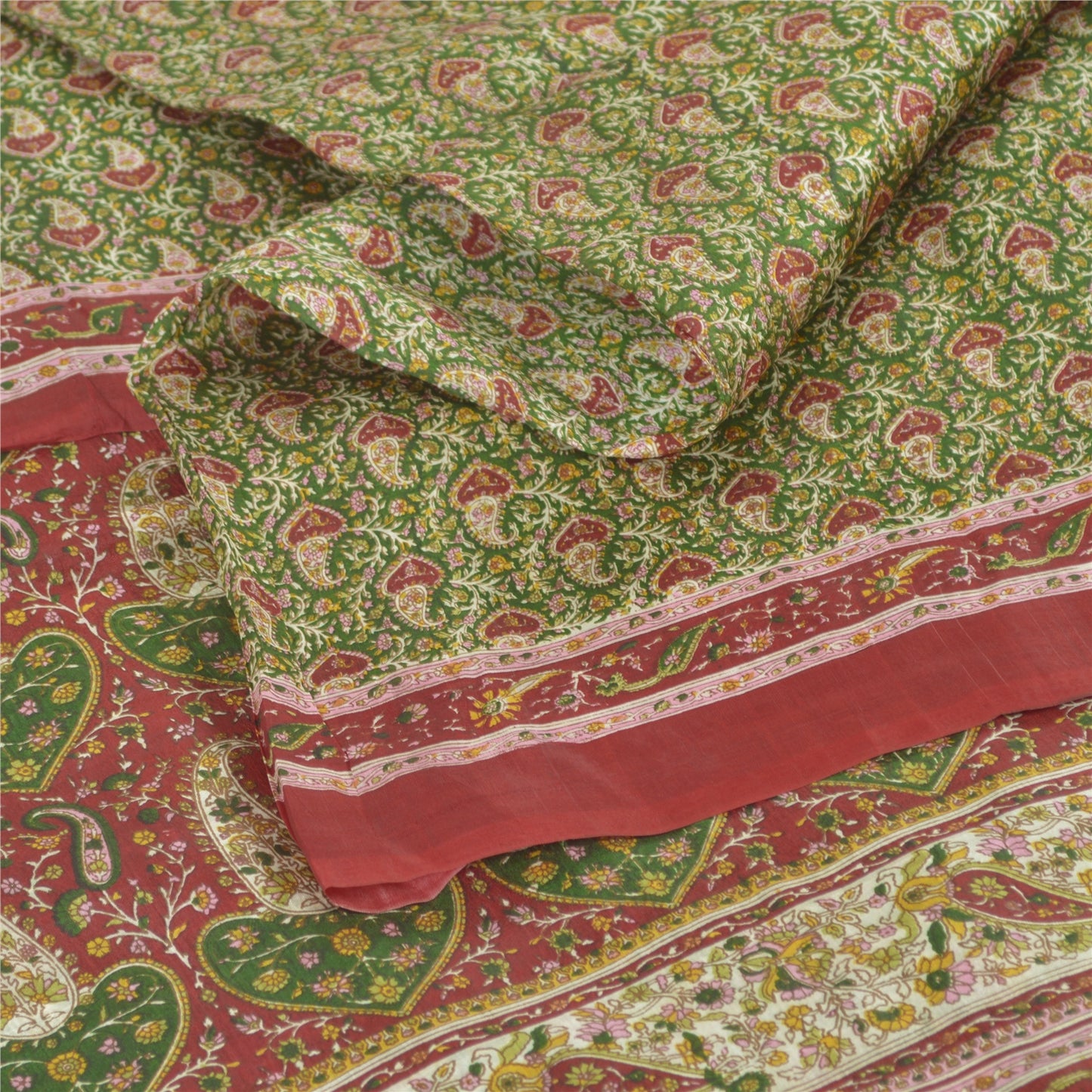 Sanskriti Vintage Sarees Green/Red Indian Pure Silk Print Sari 5yd Craft Sustainable Fabric