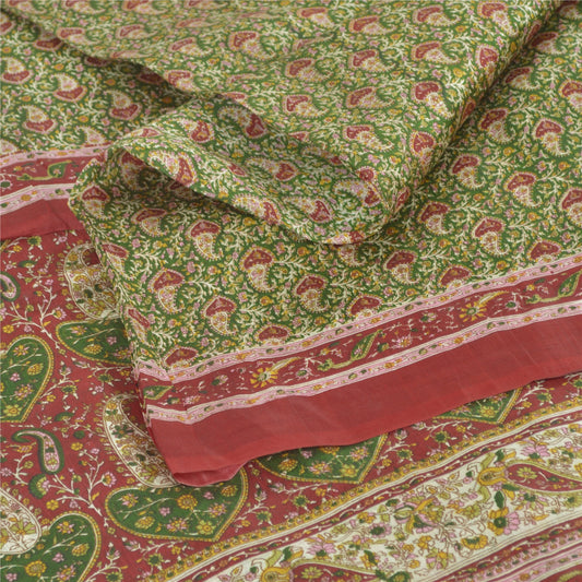 Sanskriti Vintage Sarees Green/Red Indian Pure Silk Print Sari 5yd Craft Sustainable Fabric