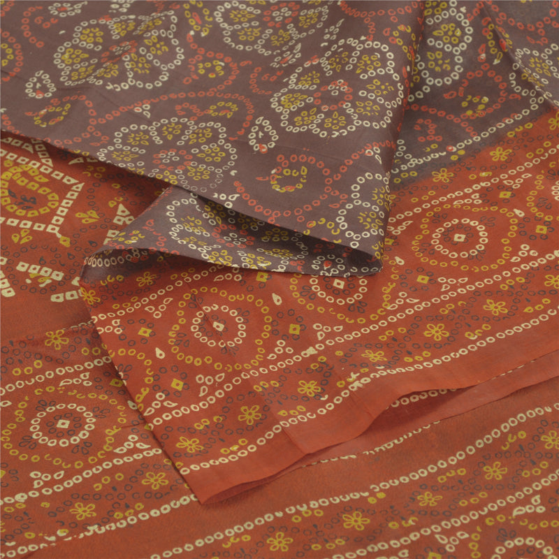 Sanskriti Vintage Sarees Gray/Orange Bandhani Pure Silk Printed Sari 5yd Sustainable Fabric