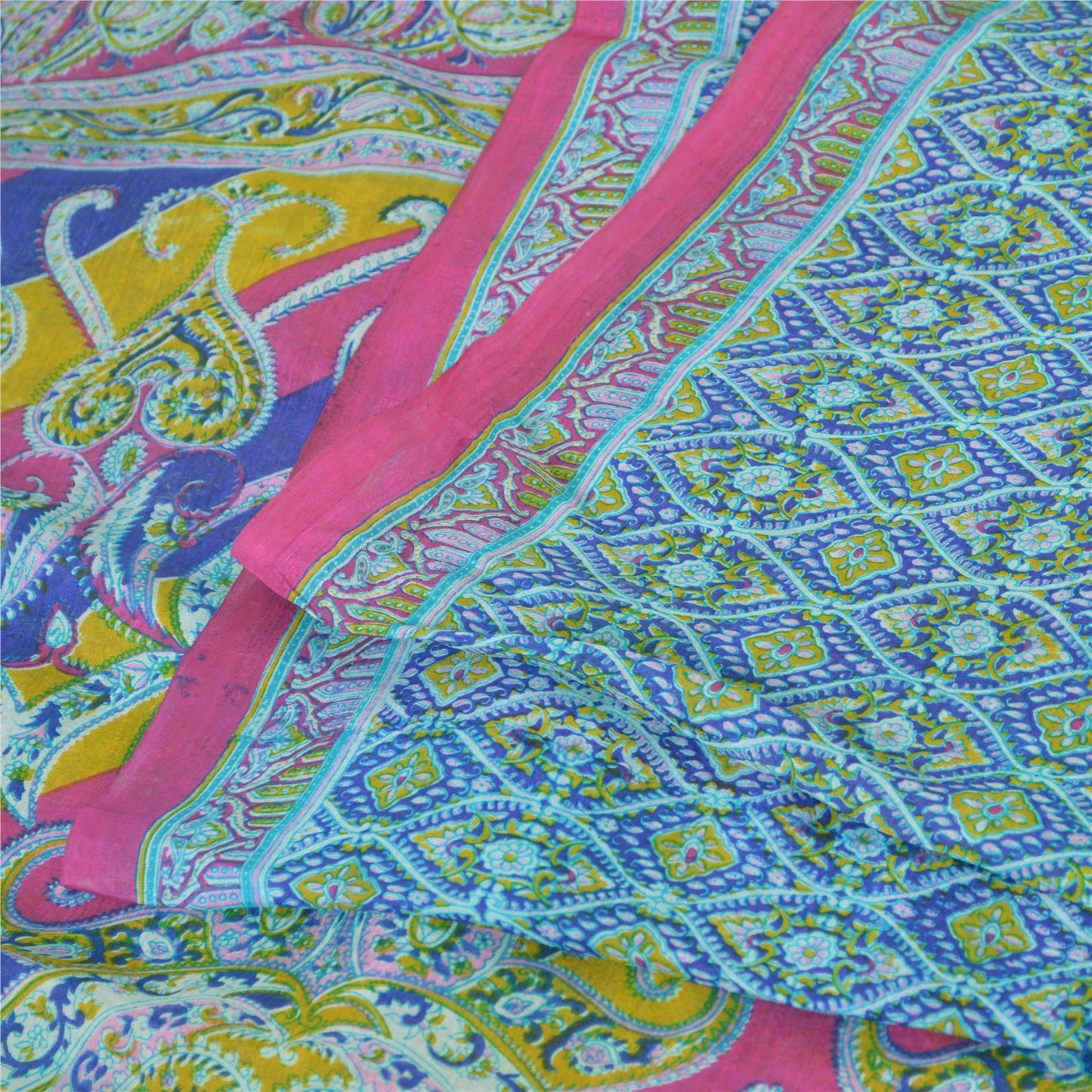 Sanskriti Vintage Sarees Blue From India Pure Silk Printed Sari 5yd Craft Sustainable Fabric