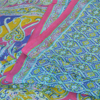 Sanskriti Vintage Sarees Blue From India Pure Silk Printed Sari 5yd Craft Sustainable Fabric
