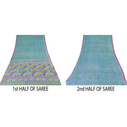 Sanskriti Vintage Sarees Blue From India Pure Silk Printed Sari 5yd Craft Sustainable Fabric