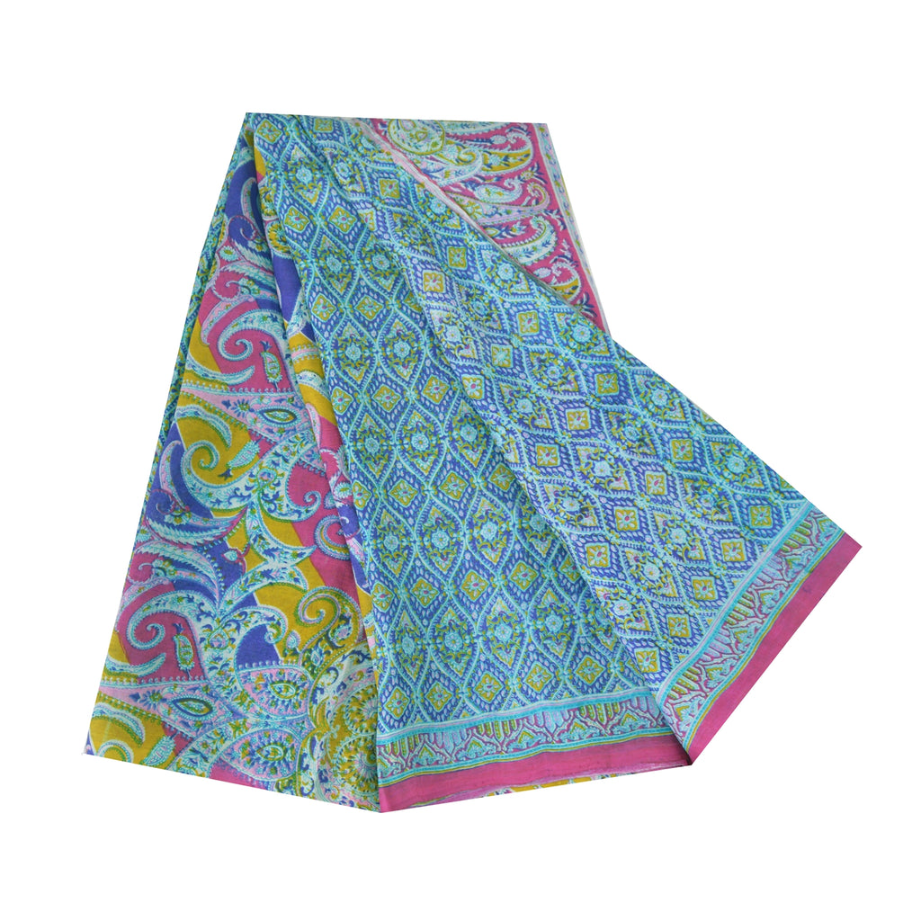 Sanskriti Vintage Sarees Blue From India Pure Silk Printed Sari 5yd Craft Sustainable Fabric