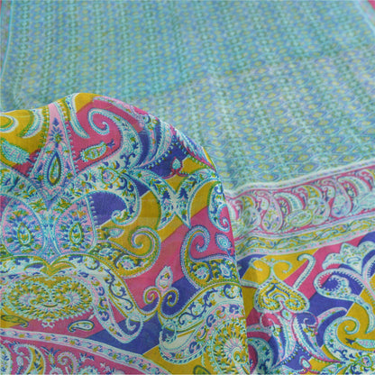 Sanskriti Vintage Sarees Blue From India Pure Silk Printed Sari 5yd Craft Sustainable Fabric