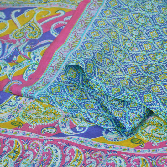 Sanskriti Vintage Sarees Blue From India Pure Silk Printed Sari 5yd Craft Sustainable Fabric
