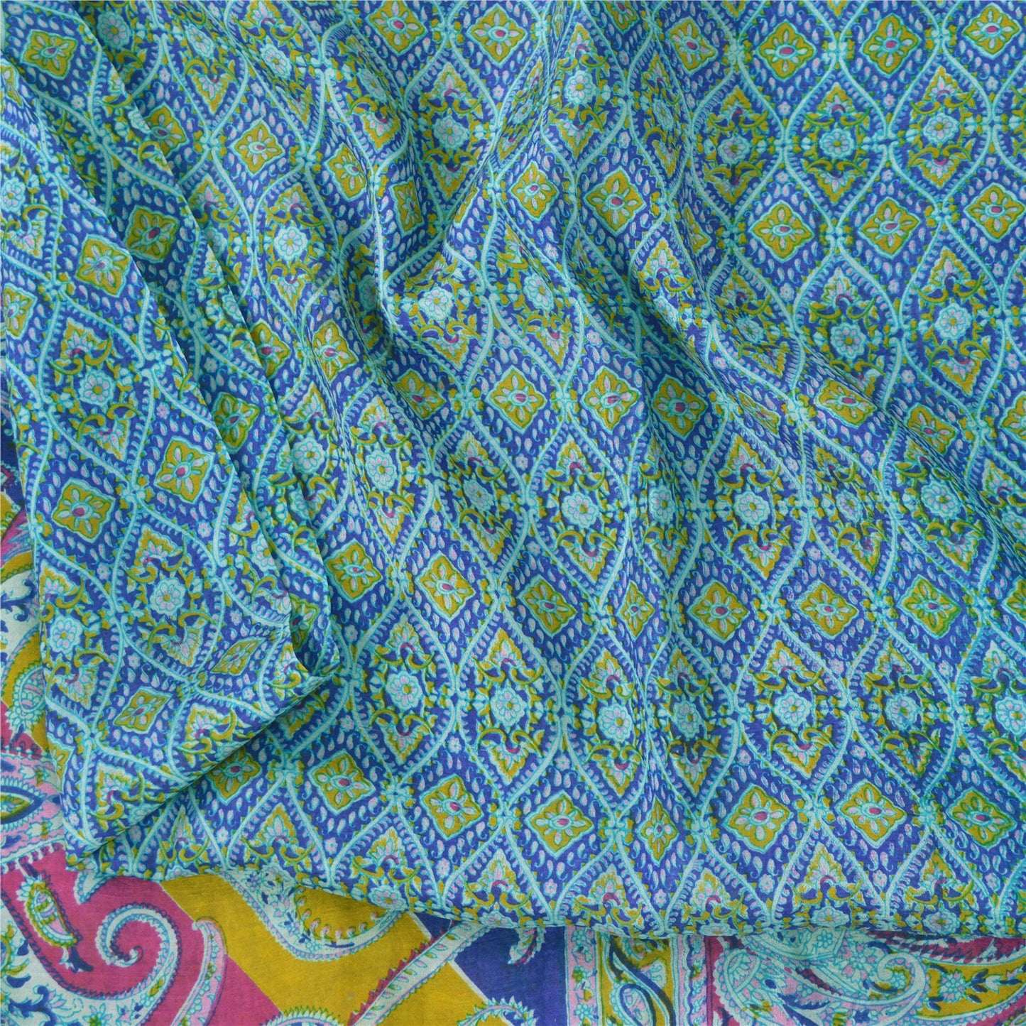 Sanskriti Vintage Sarees Blue From India Pure Silk Printed Sari 5yd Craft Sustainable Fabric