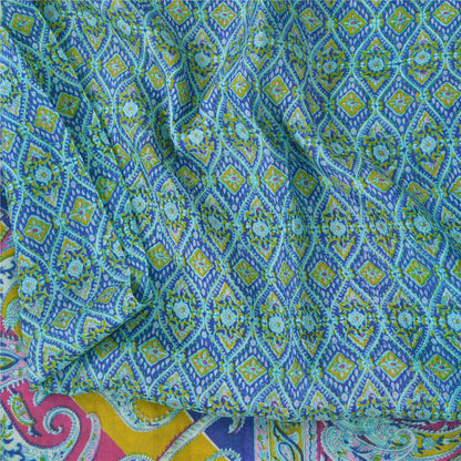 Sanskriti Vintage Sarees Blue From India Pure Silk Printed Sari 5yd Craft Sustainable Fabric
