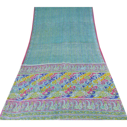 Sanskriti Vintage Sarees Blue From India Pure Silk Printed Sari 5yd Craft Sustainable Fabric