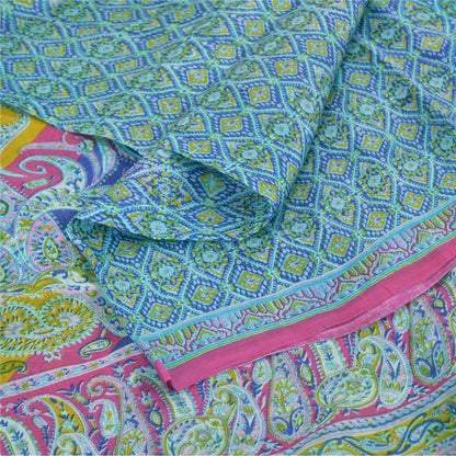 Sanskriti Vintage Sarees Blue From India Pure Silk Printed Sari 5yd Craft Sustainable Fabric