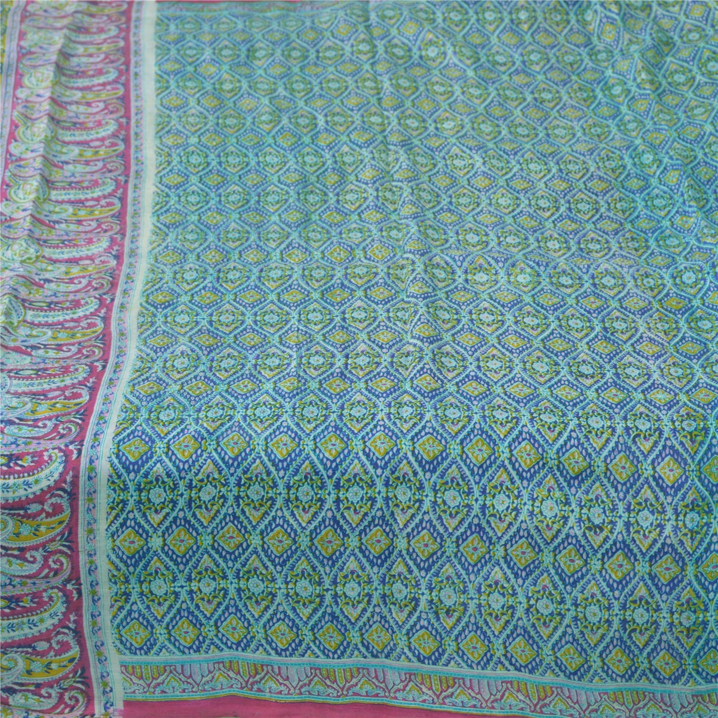 Sanskriti Vintage Sarees Blue From India Pure Silk Printed Sari 5yd Craft Sustainable Fabric