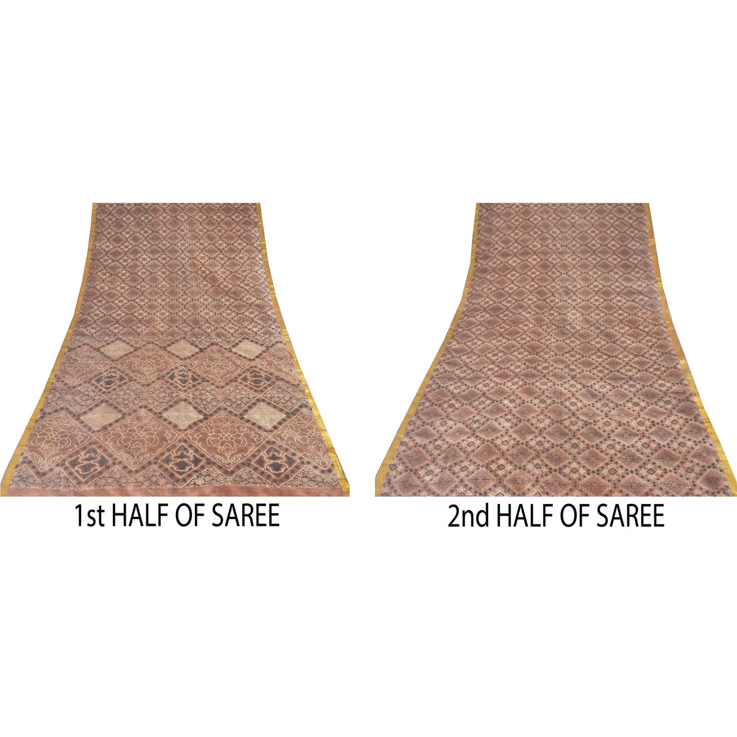 Sanskriti Vintage Sarees Brown Zari Border Pure Silk Print Sari 6yd Craft Sustainable Fabric