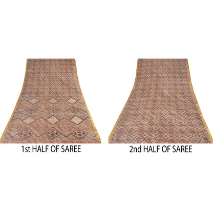Sanskriti Vintage Sarees Brown Zari Border Pure Silk Print Sari 6yd Craft Sustainable Fabric