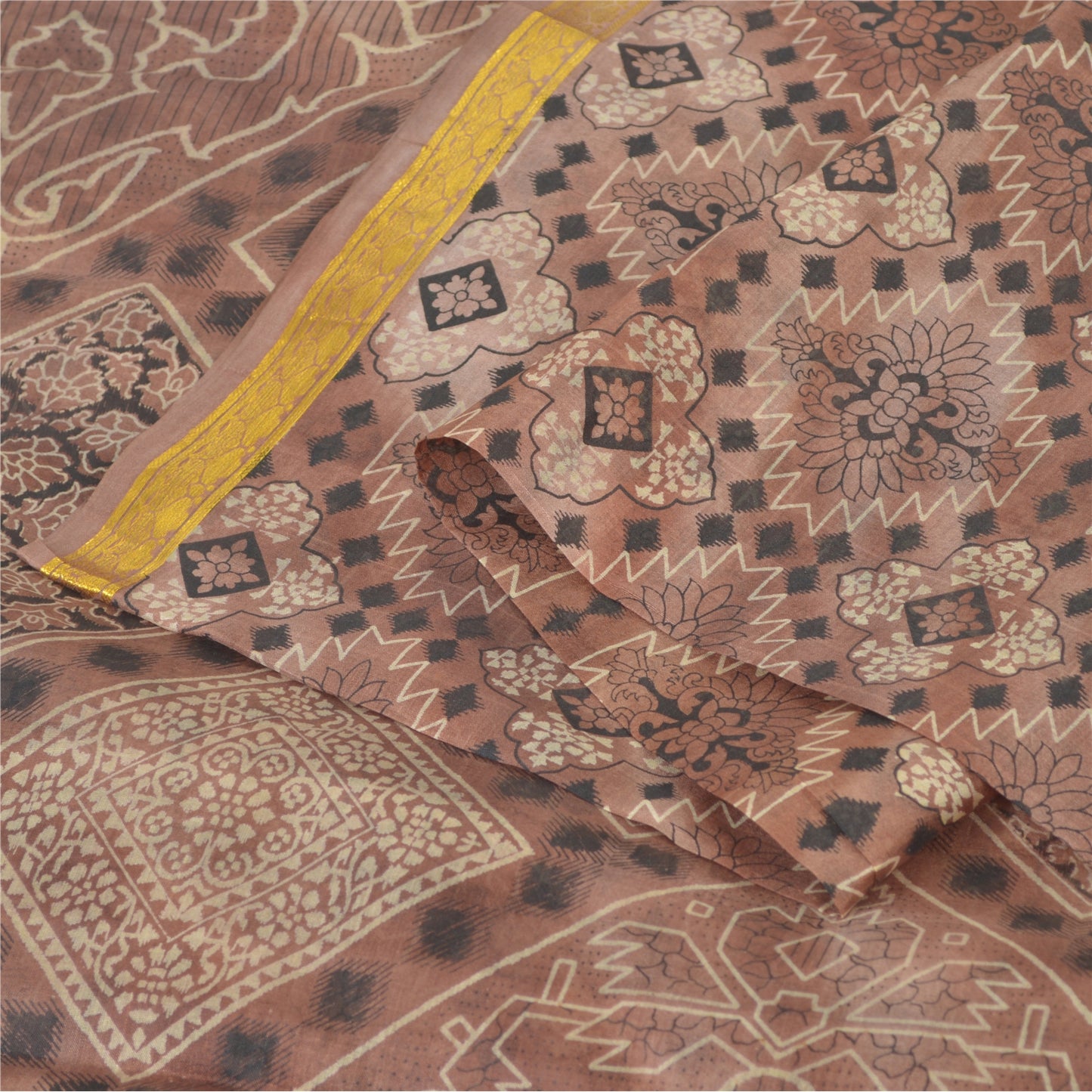 Sanskriti Vintage Sarees Brown Zari Border Pure Silk Print Sari 6yd Craft Sustainable Fabric