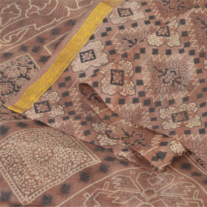 Sanskriti Vintage Sarees Brown Zari Border Pure Silk Print Sari 6yd Craft Sustainable Fabric