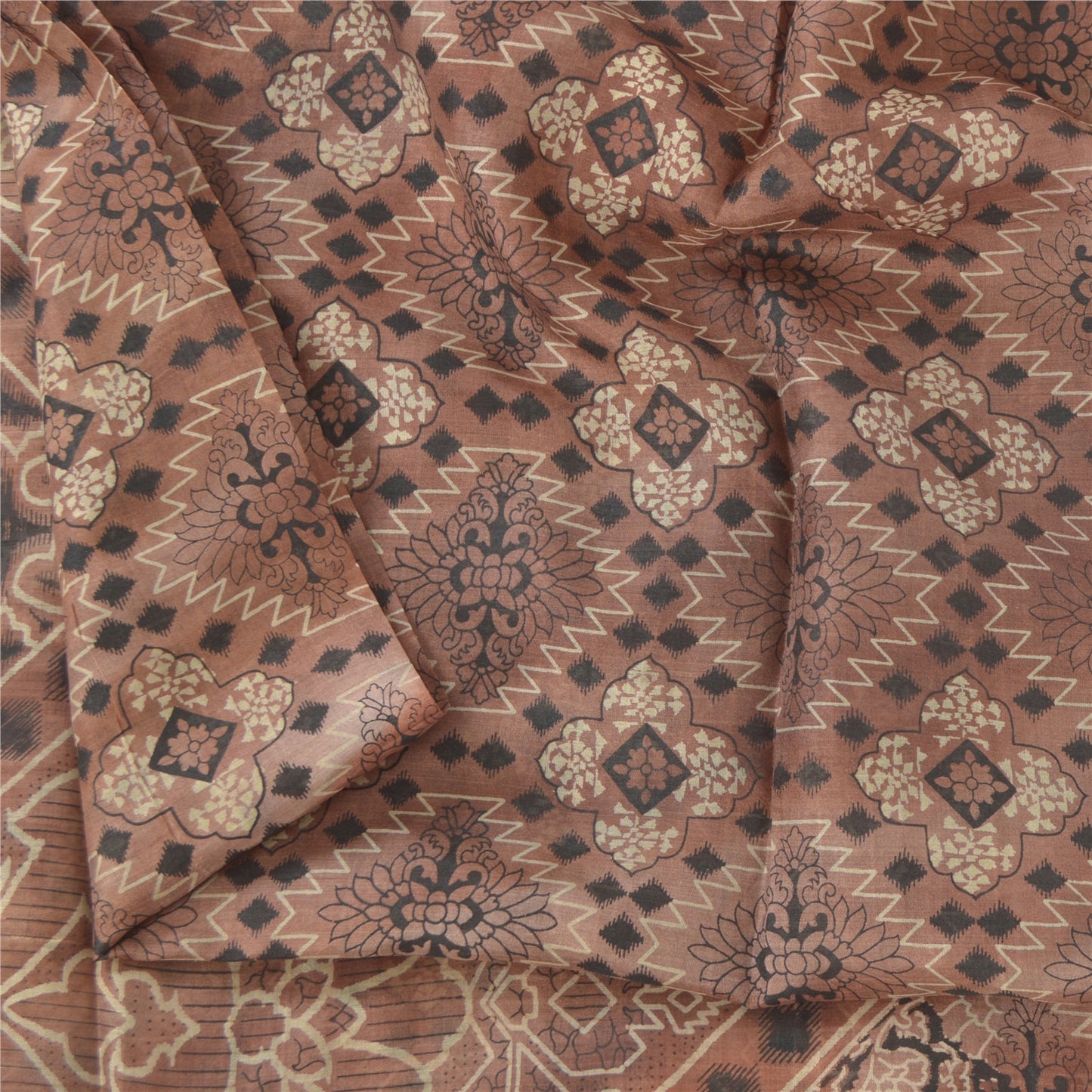 Sanskriti Vintage Sarees Brown Zari Border Pure Silk Print Sari 6yd Craft Sustainable Fabric