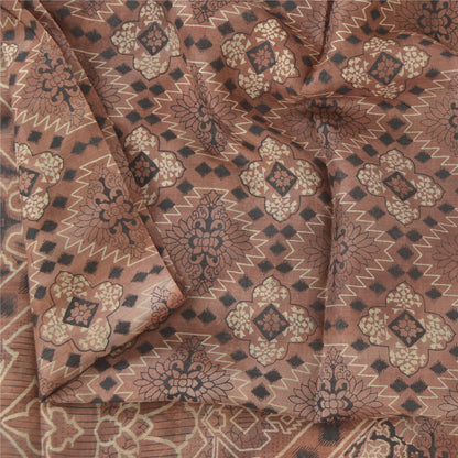 Sanskriti Vintage Sarees Brown Zari Border Pure Silk Print Sari 6yd Craft Sustainable Fabric