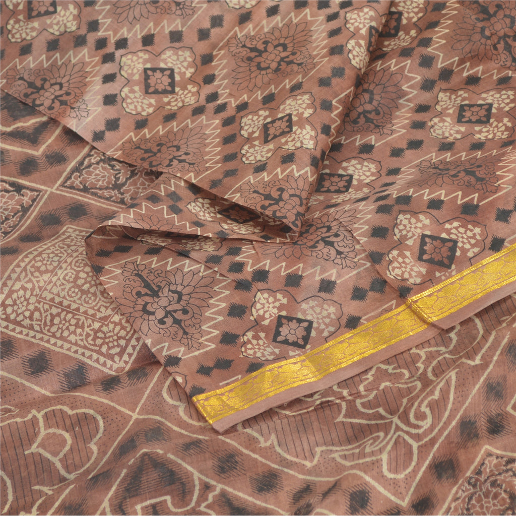 Sanskriti Vintage Sarees Brown Zari Border Pure Silk Print Sari 6yd Craft Sustainable Fabric