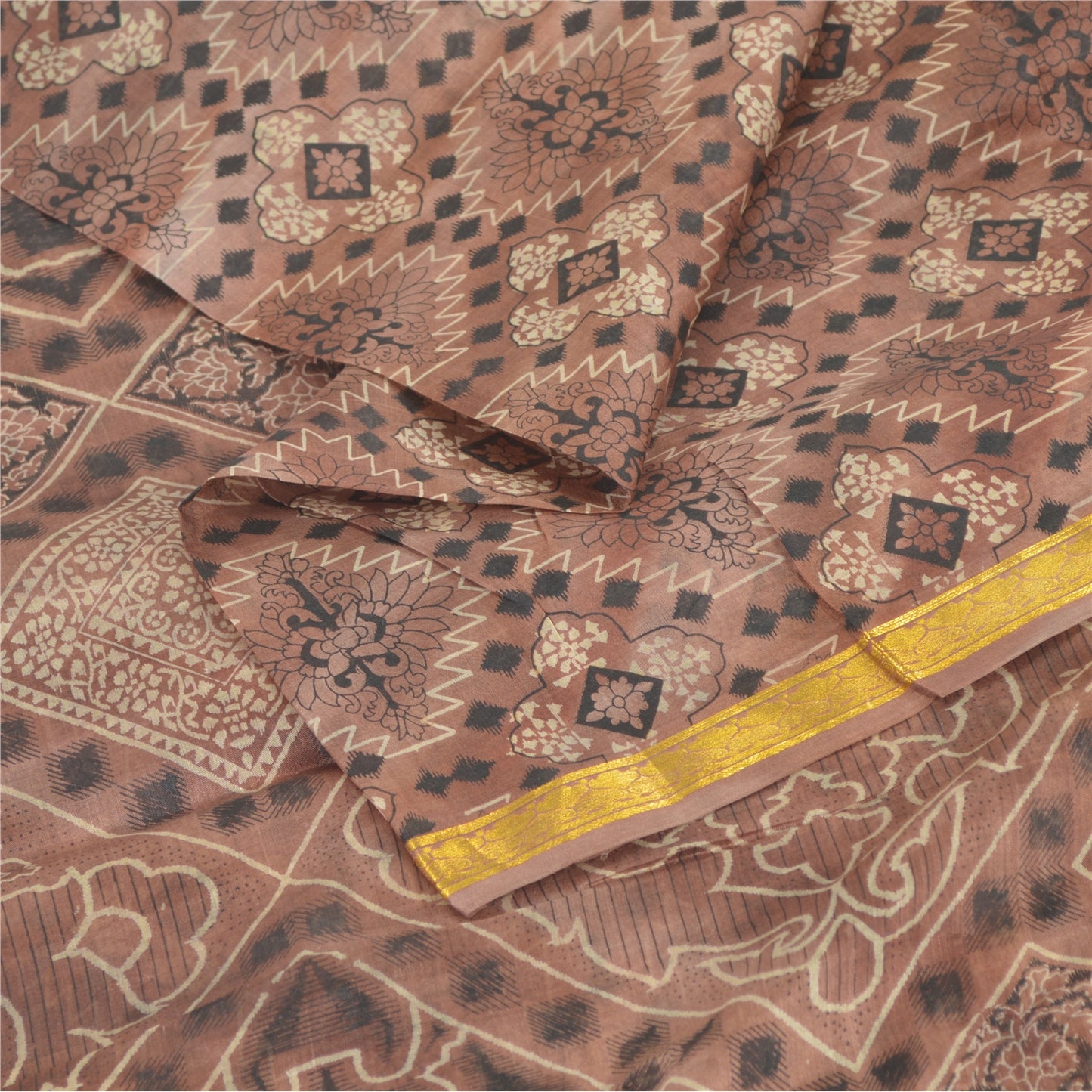 Sanskriti Vintage Sarees Brown Zari Border Pure Silk Print Sari 6yd Craft Sustainable Fabric
