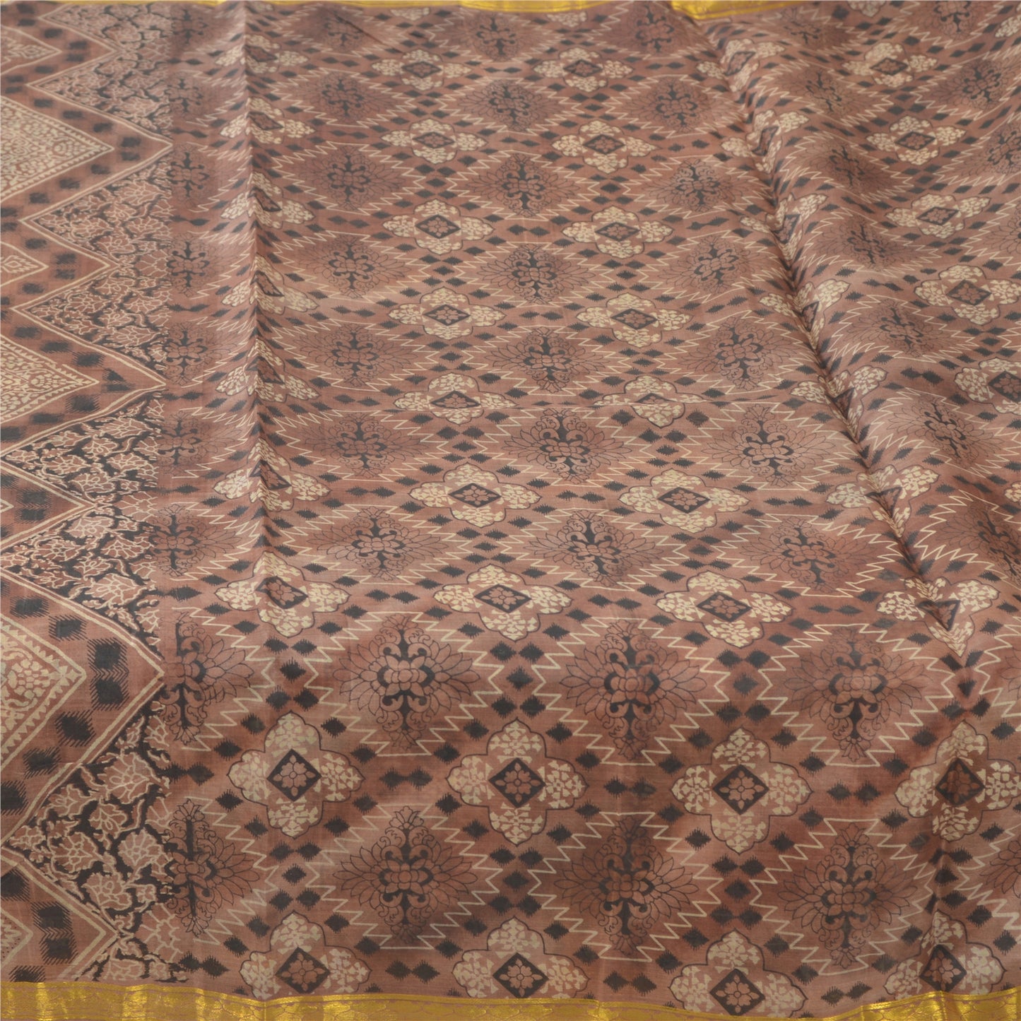 Sanskriti Vintage Sarees Brown Zari Border Pure Silk Print Sari 6yd Craft Sustainable Fabric