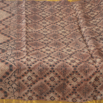 Sanskriti Vintage Sarees Brown Zari Border Pure Silk Print Sari 6yd Craft Sustainable Fabric