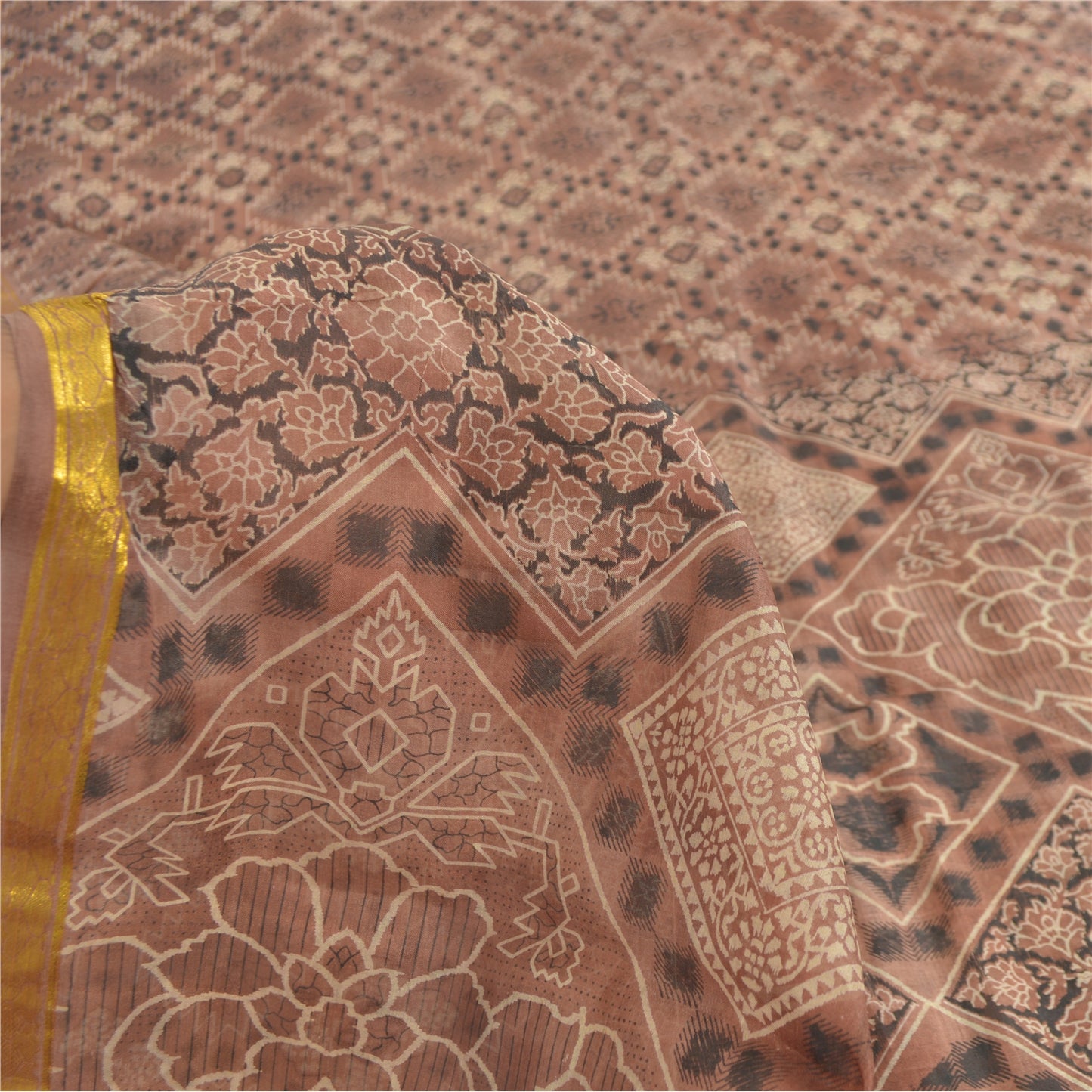 Sanskriti Vintage Sarees Brown Zari Border Pure Silk Print Sari 6yd Craft Sustainable Fabric
