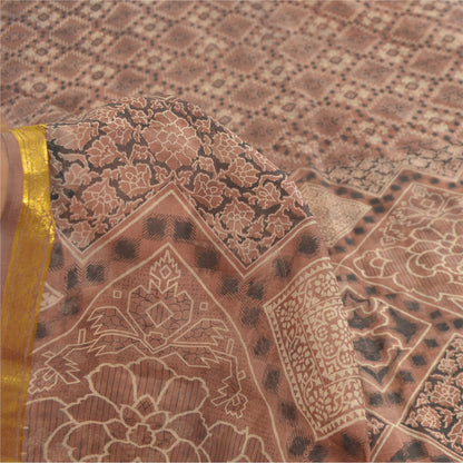 Sanskriti Vintage Sarees Brown Zari Border Pure Silk Print Sari 6yd Craft Sustainable Fabric