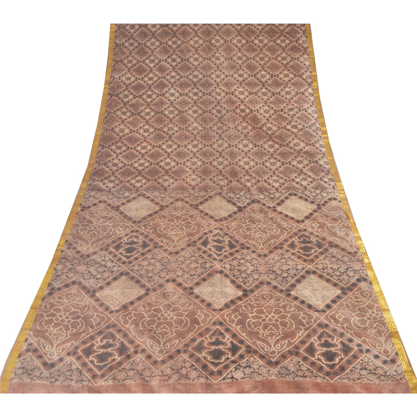Sanskriti Vintage Sarees Brown Zari Border Pure Silk Print Sari 6yd Craft Sustainable Fabric