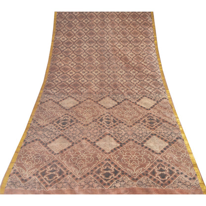 Sanskriti Vintage Sarees Brown Zari Border Pure Silk Print Sari 6yd Craft Sustainable Fabric