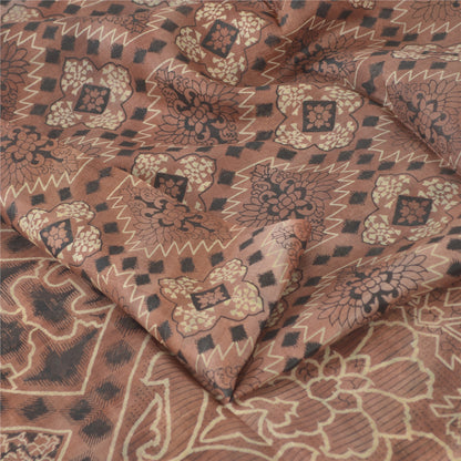 Sanskriti Vintage Sarees Brown Zari Border Pure Silk Print Sari 6yd Craft Sustainable Fabric