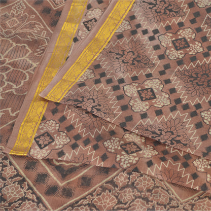 Sanskriti Vintage Sarees Brown Zari Border Pure Silk Print Sari 6yd Craft Sustainable Fabric
