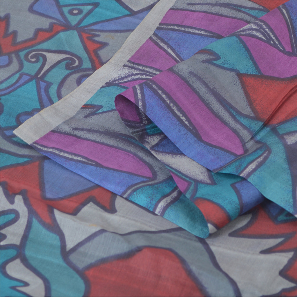 Sanskriti Vintage Sarees Multi Pure Silk Abstract Printed Sari 6yd Craft Sustainable Fabric