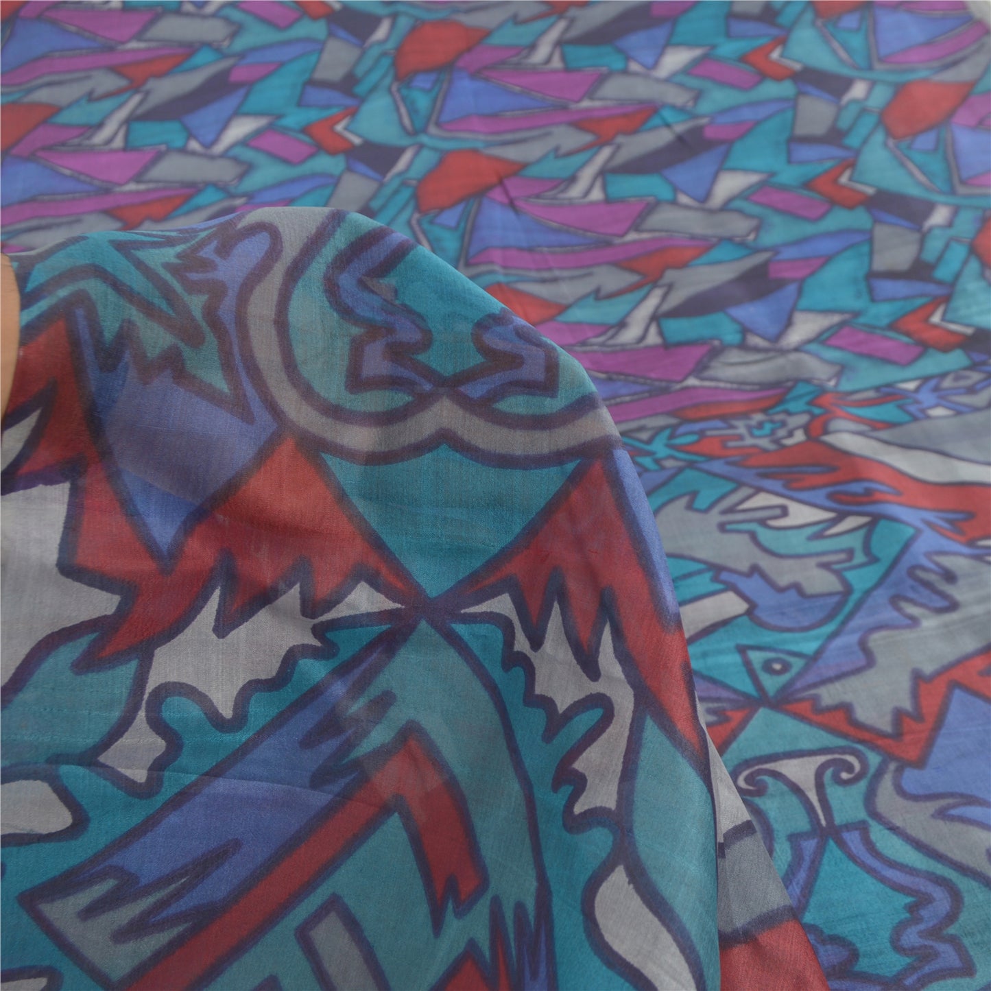 Sanskriti Vintage Sarees Multi Pure Silk Abstract Printed Sari 6yd Craft Sustainable Fabric