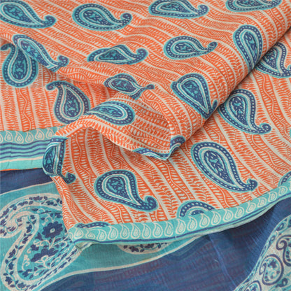 Sanskriti Vintage Sarees Peach/Blue 100% Pure Silk Printed Sari 5yd Craft Sustainable Fabric