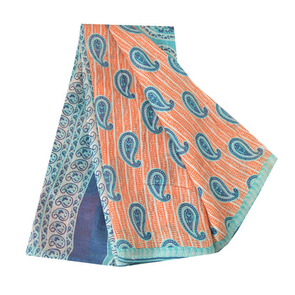 Sanskriti Vintage Sarees Peach/Blue 100% Pure Silk Printed Sari 5yd Craft Sustainable Fabric