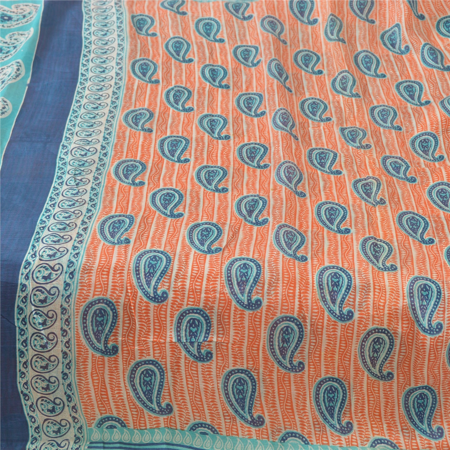 Sanskriti Vintage Sarees Peach/Blue 100% Pure Silk Printed Sari 5yd Craft Sustainable Fabric