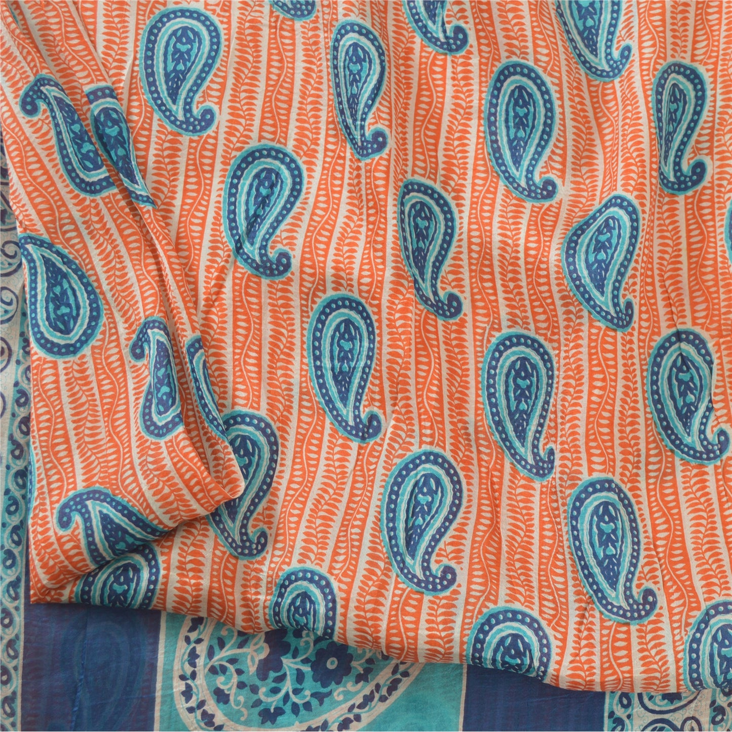 Sanskriti Vintage Sarees Peach/Blue 100% Pure Silk Printed Sari 5yd Craft Sustainable Fabric