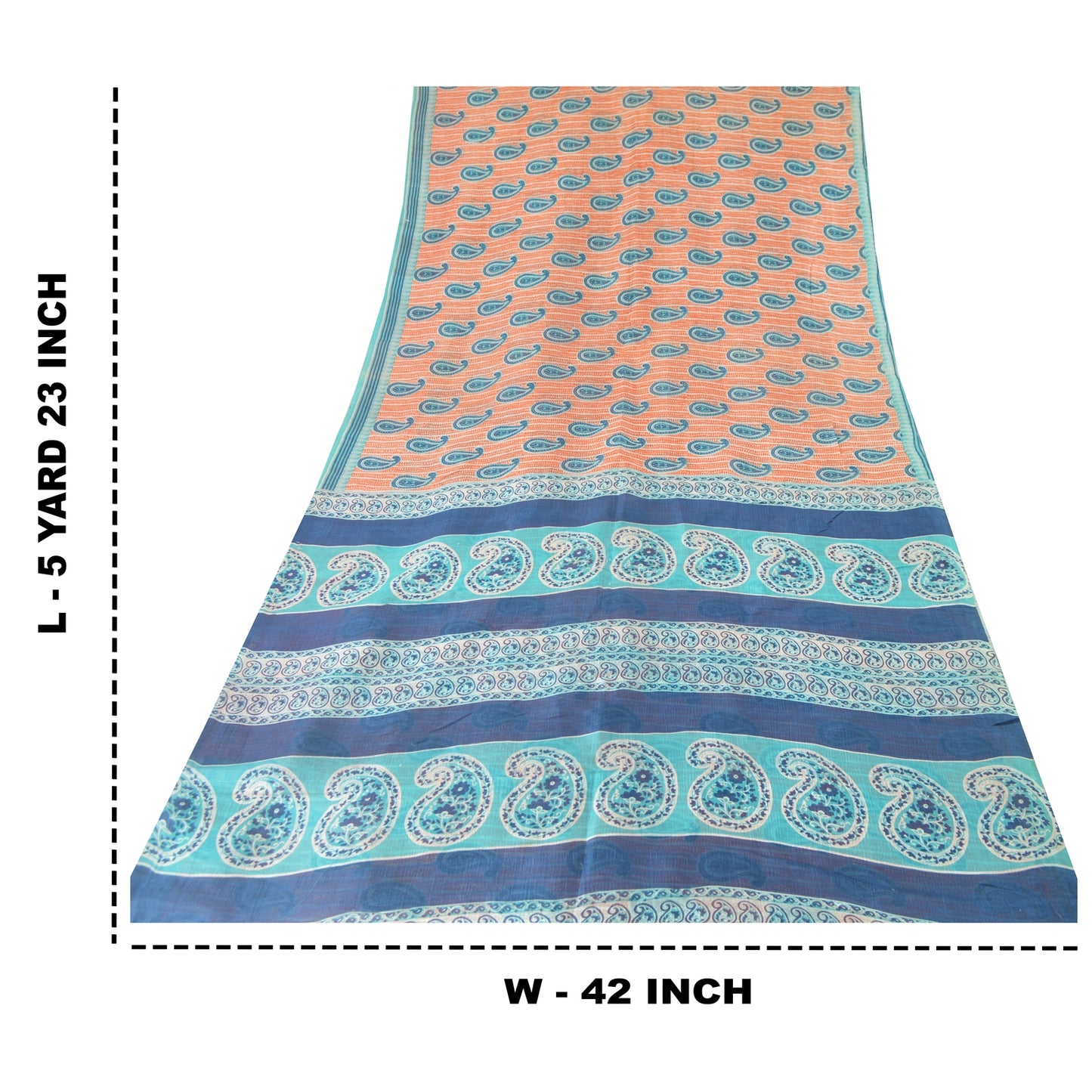 Sanskriti Vintage Sarees Peach/Blue 100% Pure Silk Printed Sari 5yd Craft Sustainable Fabric